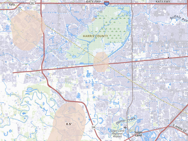 Radar-estimated hail-size map of the storm over Richmond, TX on Jun 2, 2026