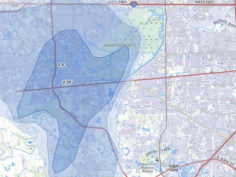 NEXRAD radar-signature map of the hail over Richmond, TX
