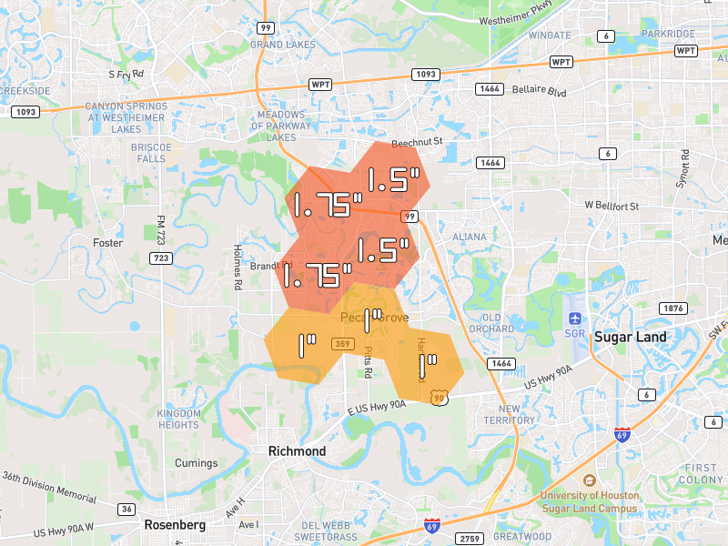 Hail map of Richmond, TX on Jun 2, 2026, hail up to 1.75"