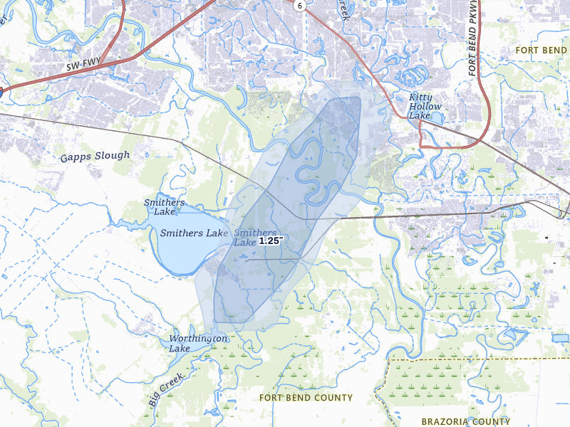 NEXRAD radar-signature map of the hail storm over Richmond, TX on Jul 8, 2026
