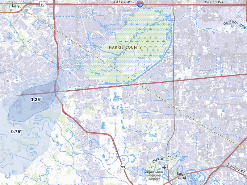 NEXRAD radar-signature map of the hail storm over Richmond, TX on Aug 28, 2026