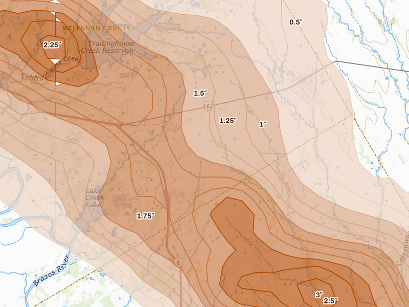 Radar-estimated hail-size map of the storm over Riesel, TX on Apr 28, 2026