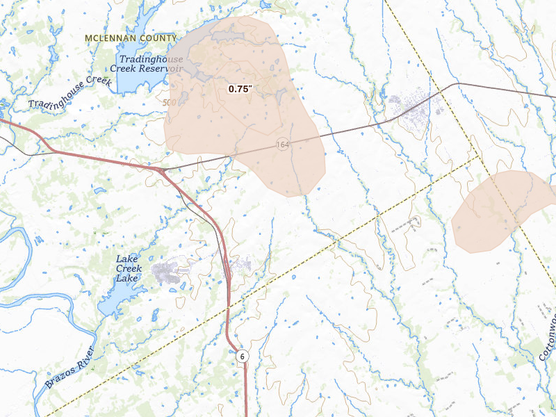 Radar-estimated hail-size map of the storm over Riesel, TX on Jun 2, 2026