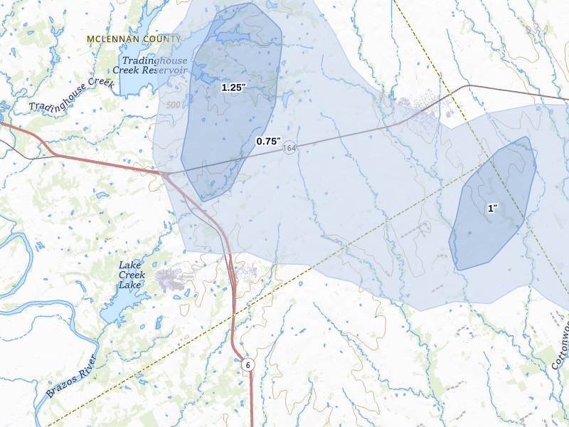 NEXRAD radar-signature map of the hail over Riesel, TX