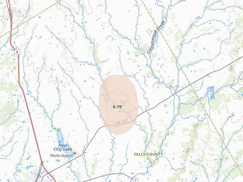 Radar-estimated hail-size map of the storm over Riesel, TX