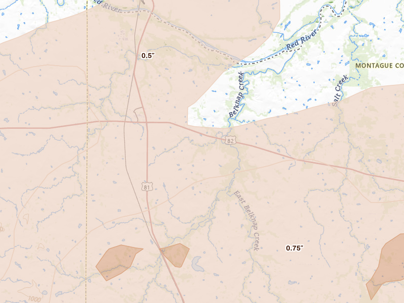 Radar-estimated hail-size map of the storm over Ringgold, TX on Apr 28, 2026