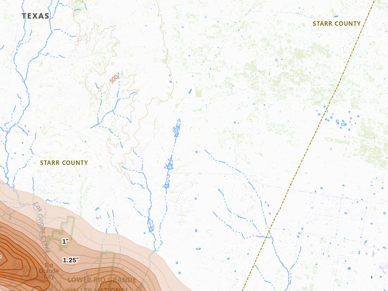 Radar-estimated hail-size map of the storm over Rio Grande City, TX on Mar 7, 2026
