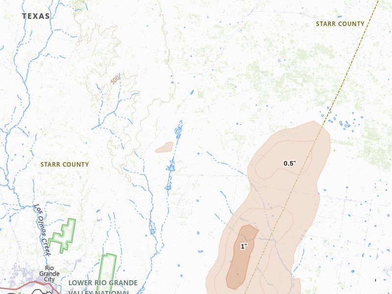 Radar-estimated hail-size map of the storm over Rio Grande City, TX on May 10, 2026