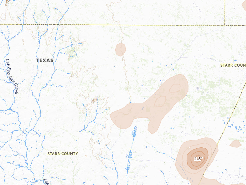 Radar-estimated hail-size map of the storm over Rio Grande City, TX on Aug 2, 2026