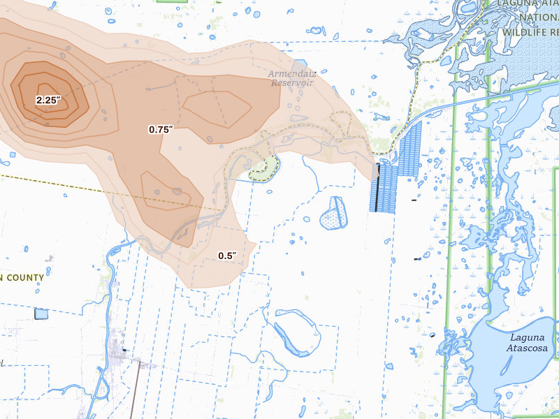 Radar-estimated hail-size map of the storm over Rio Hondo, TX on May 30, 2026