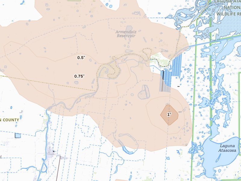 Radar-estimated hail-size map of the storm over Rio Hondo, TX on Jul 20, 2026