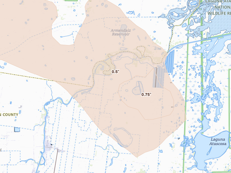 Radar-estimated hail-size map of the storm over Rio Hondo, TX