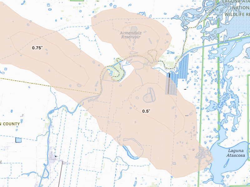 Radar-estimated hail-size map of the storm over Rio Hondo, TX on Jul 22, 2026