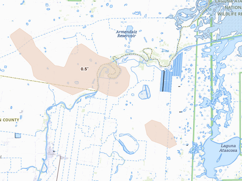 Radar-estimated hail-size map of the storm over Rio Hondo, TX on Aug 21, 2026