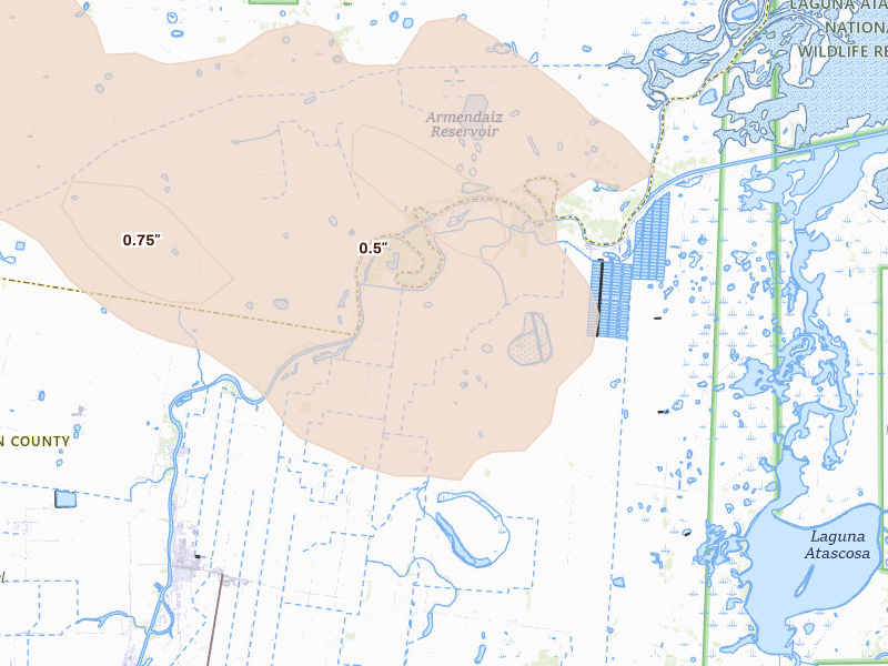 Radar-estimated hail-size map of the storm over Rio Hondo, TX on Aug 22, 2026