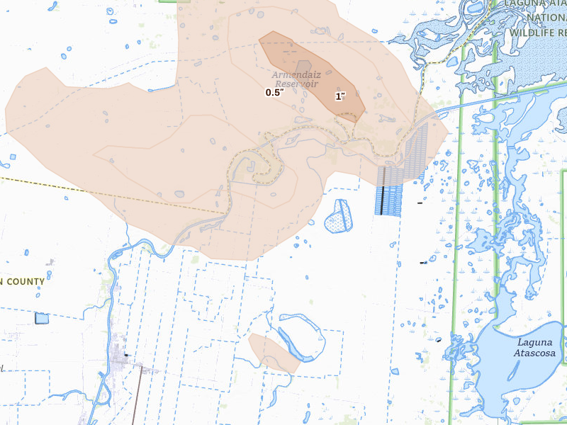 Radar-estimated hail-size map of the storm over Rio Hondo, TX on Aug 23, 2026