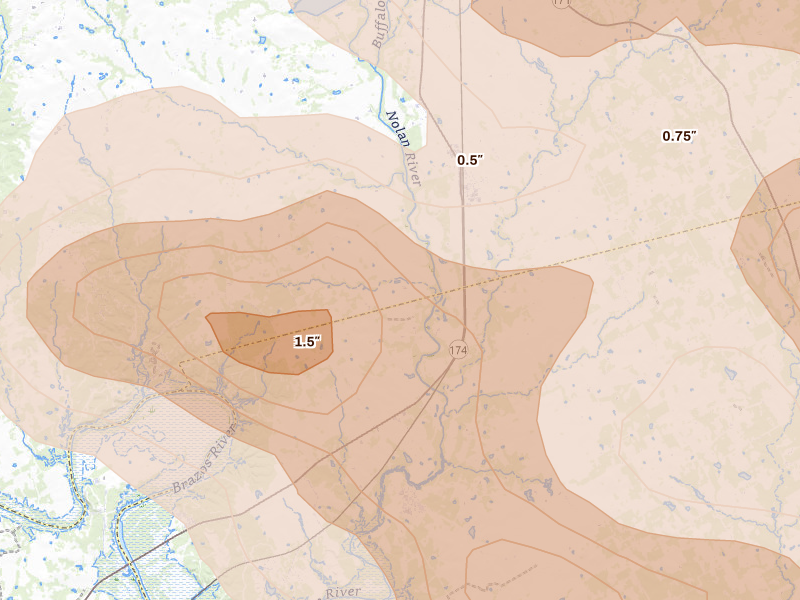 Radar-estimated hail-size map of the storm over Rio Vista, TX on Apr 28, 2026