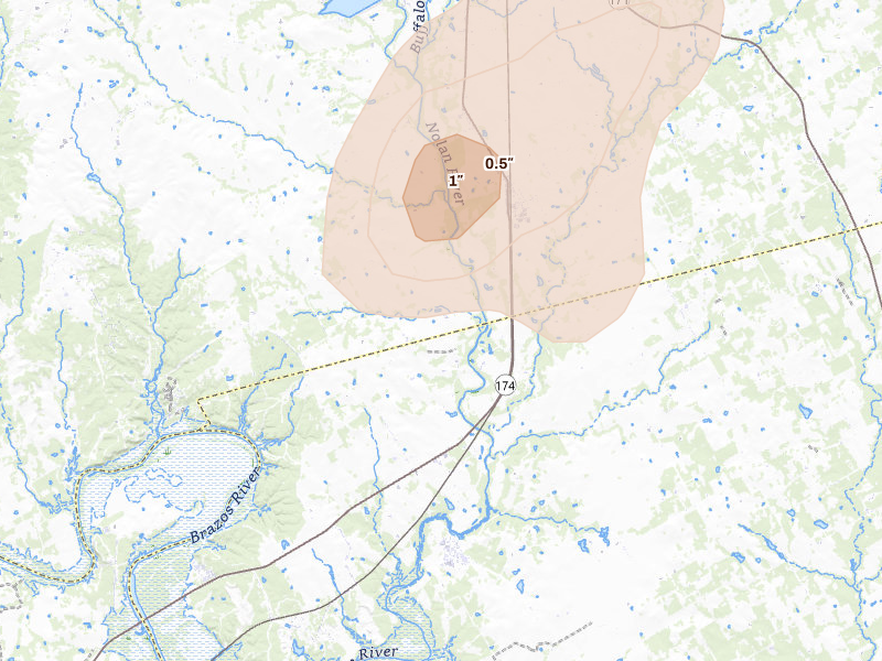 Radar-estimated hail-size map of the storm over Rio Vista, TX on May 19, 2026
