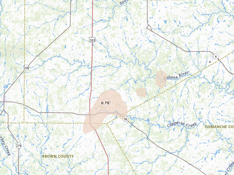 Radar-estimated hail-size map of the storm over Rising Star, TX on Mar 7, 2026
