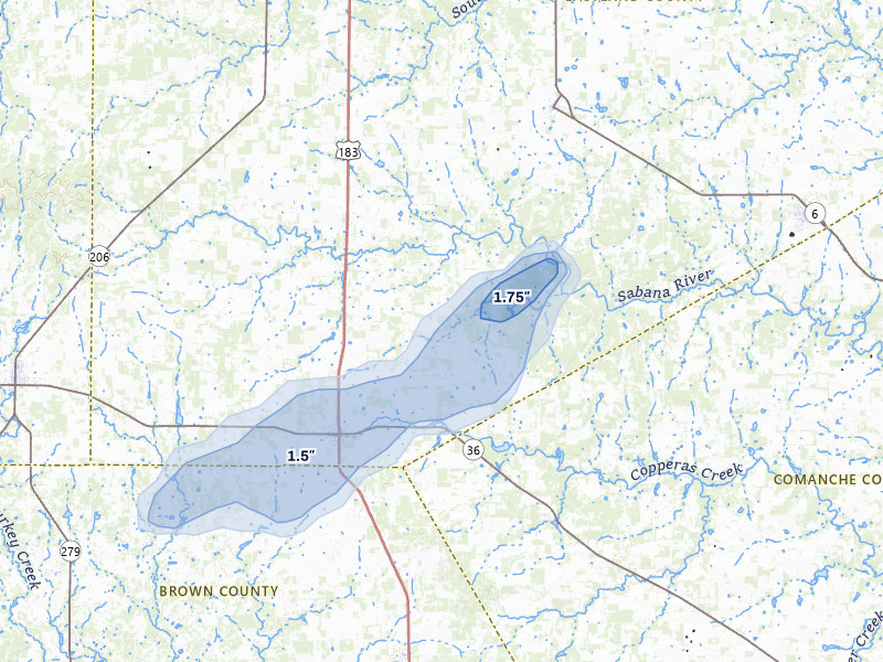NEXRAD radar-signature map of the hail storm over Rising Star, TX on Mar 7, 2026