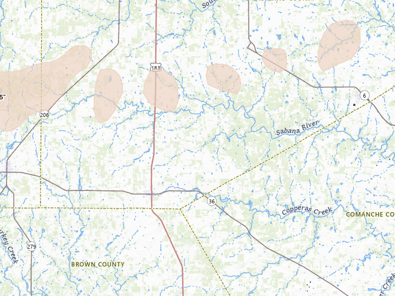 Radar-estimated hail-size map of the storm over Rising Star, TX on Apr 18, 2026