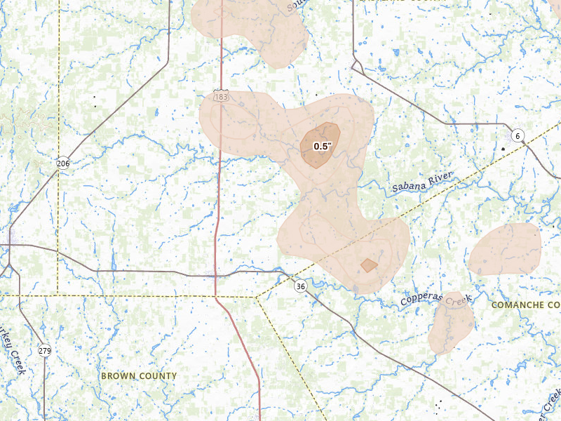 Radar-estimated hail-size map of the storm over Rising Star, TX on May 10, 2026