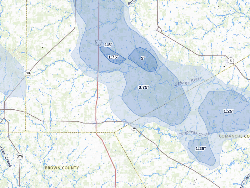 NEXRAD radar-signature map of the hail storm over Rising Star, TX on May 10, 2026