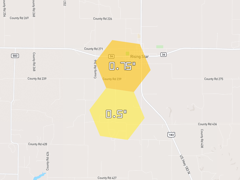 Hail map of Rising Star, TX on Jun 6, 2026, hail up to 0.75"