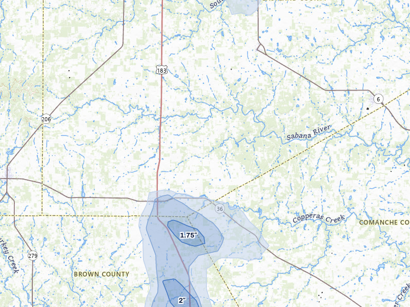 NEXRAD radar-signature map of the hail storm over Rising Star, TX on Jul 5, 2026