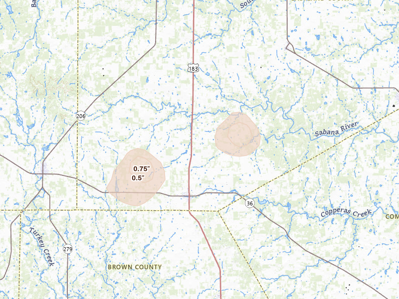 Radar-estimated hail-size map of the storm over Rising Star, TX on Aug 27, 2026