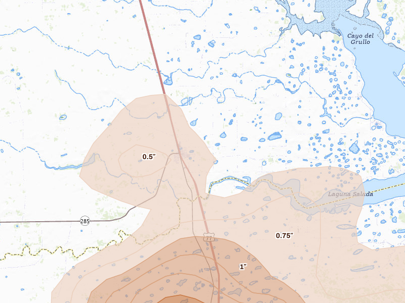 Radar-estimated hail-size map of the storm over Riviera, TX on May 22, 2026