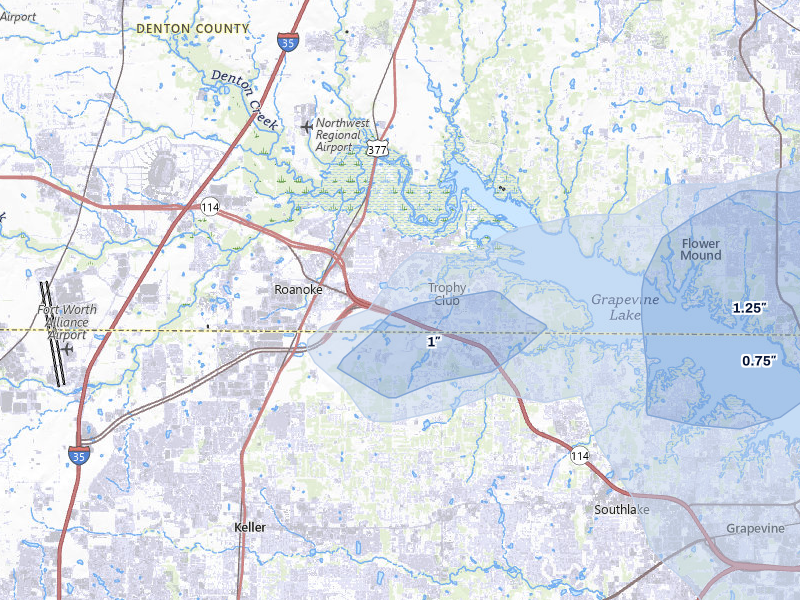 NEXRAD radar-signature map of the hail storm over Roanoke, TX on Mar 4, 2026