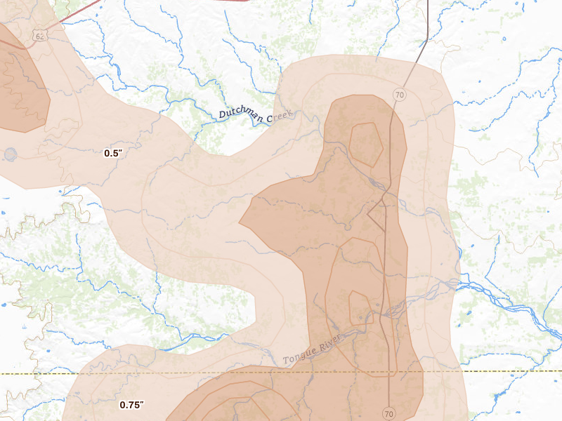 Radar-estimated hail-size map of the storm over Roaring Springs, TX on Jul 5, 2026