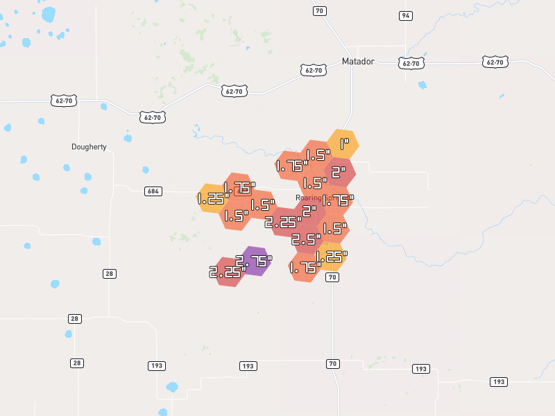 Hail map of Roaring Springs, TX on Jul 5, 2026, hail up to 2.75"