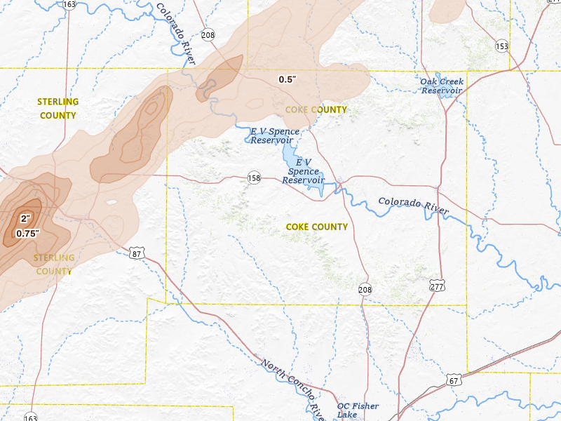 Radar-estimated hail-size map of the storm over Robert Lee, TX on Mar 6, 2026