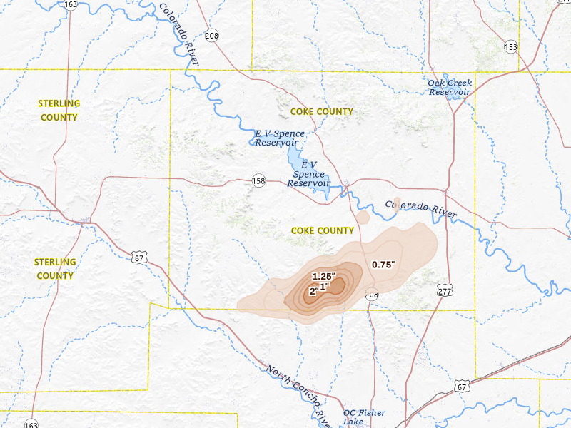 Radar-estimated hail-size map of the storm over Robert Lee, TX on Apr 1, 2026
