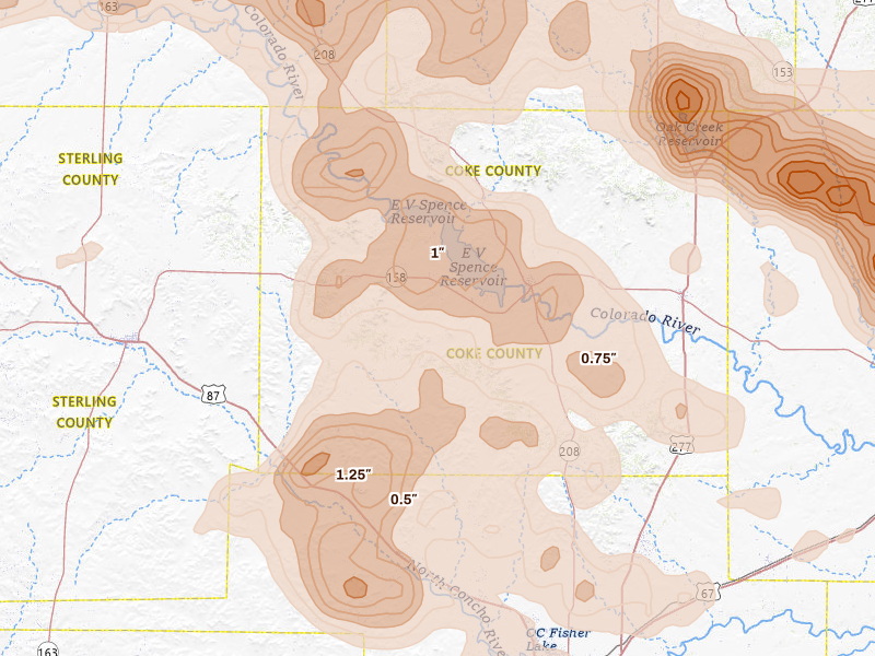 Radar-estimated hail-size map of the storm over Robert Lee, TX on May 10, 2026