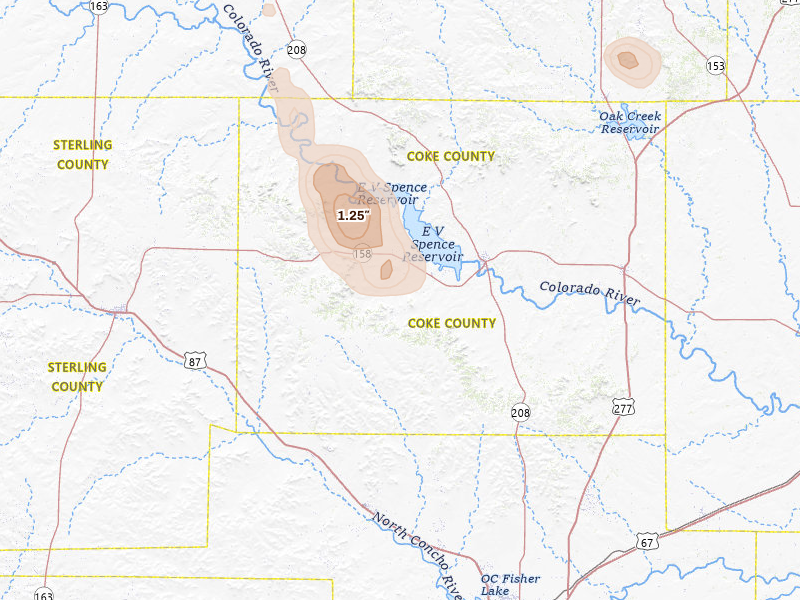 Radar-estimated hail-size map of the storm over Robert Lee, TX on Jul 5, 2026