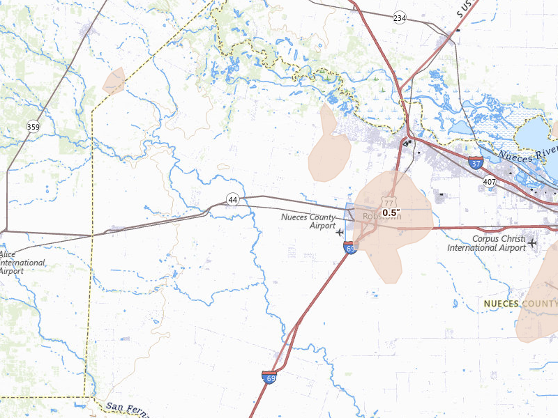 Radar-estimated hail-size map of the storm over Robstown, TX on May 19, 2026