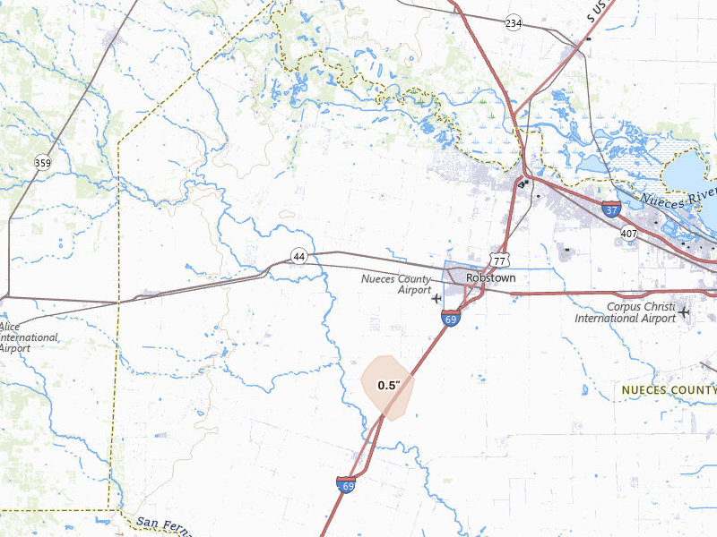 Radar-estimated hail-size map of the storm over Robstown, TX on May 23, 2026