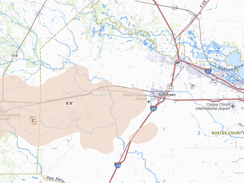 Radar-estimated hail-size map of the storm over Robstown, TX on May 26, 2026