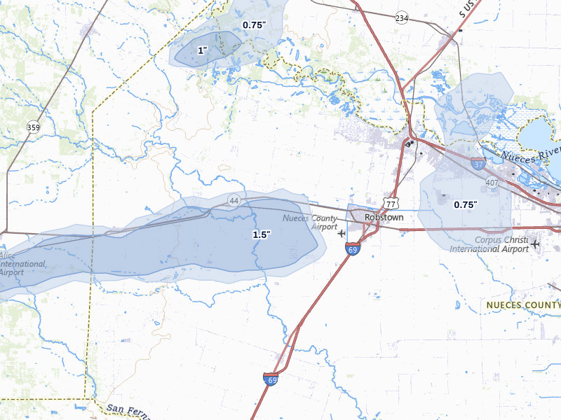 NEXRAD radar-signature map of the hail over Robstown, TX