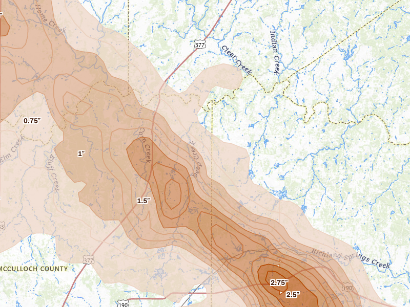 Radar-estimated hail-size map of the storm over Rochelle, TX on May 10, 2026