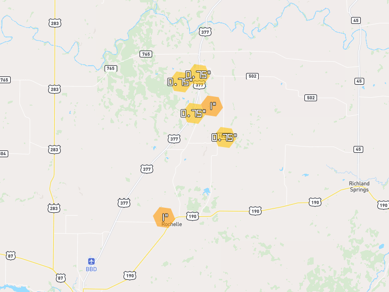 Hail map of Rochelle, TX on Jul 6, 2026, hail up to 1"