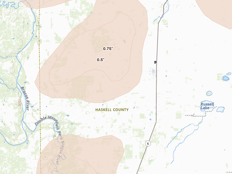 Radar-estimated hail-size map of the storm over Rochester, TX on Jul 5, 2026