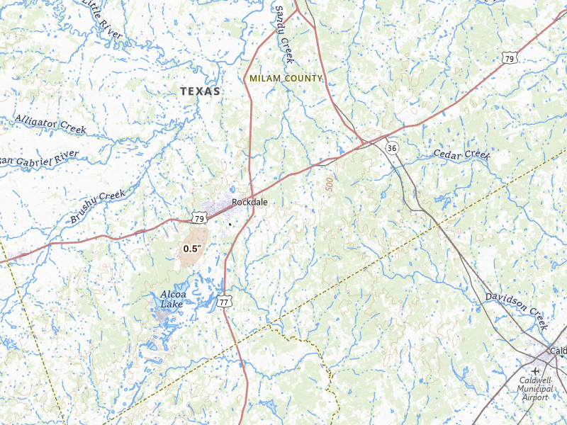 Radar-estimated hail-size map of the storm over Rockdale, TX on Apr 12, 2026