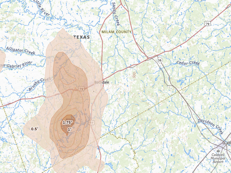 Radar-estimated hail-size map of the storm over Rockdale, TX on May 10, 2026