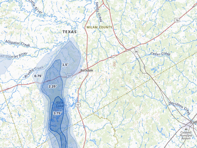 NEXRAD radar-signature map of the hail storm over Rockdale, TX on May 10, 2026