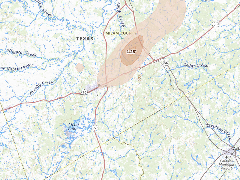 Radar-estimated hail-size map of the storm over Rockdale, TX on May 22, 2026