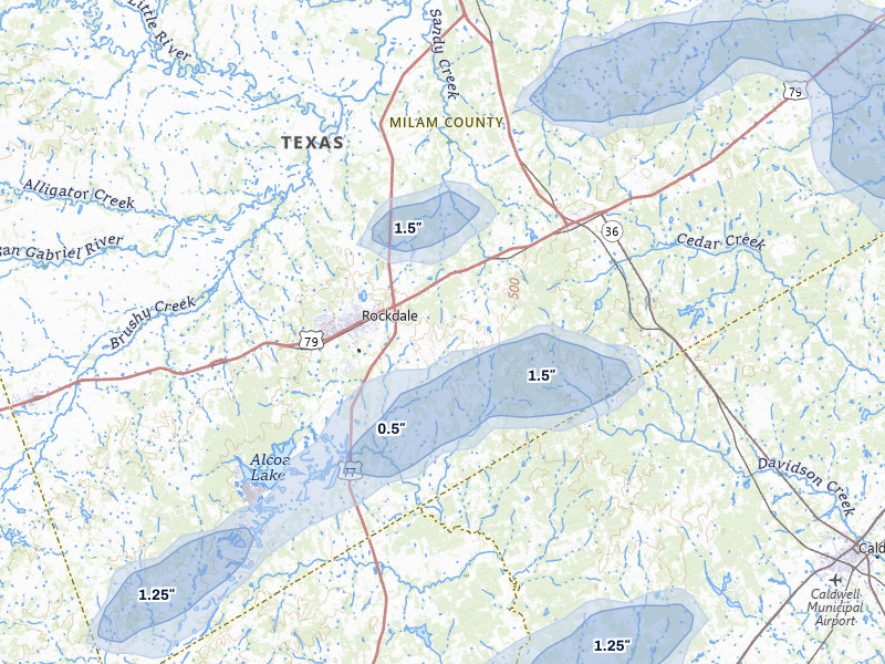 NEXRAD radar-signature map of the hail over Rockdale, TX